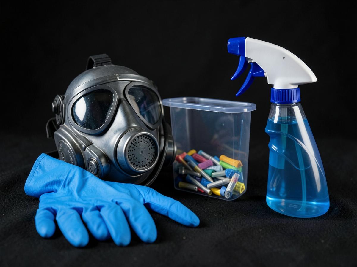Professional biohazard remediation equipment including respirator, gloves, sharps container and disinfectant