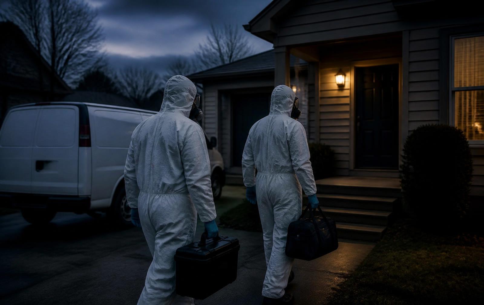 Technicians in protective suits arriving at a residential property for a discreet biohazard cleanup